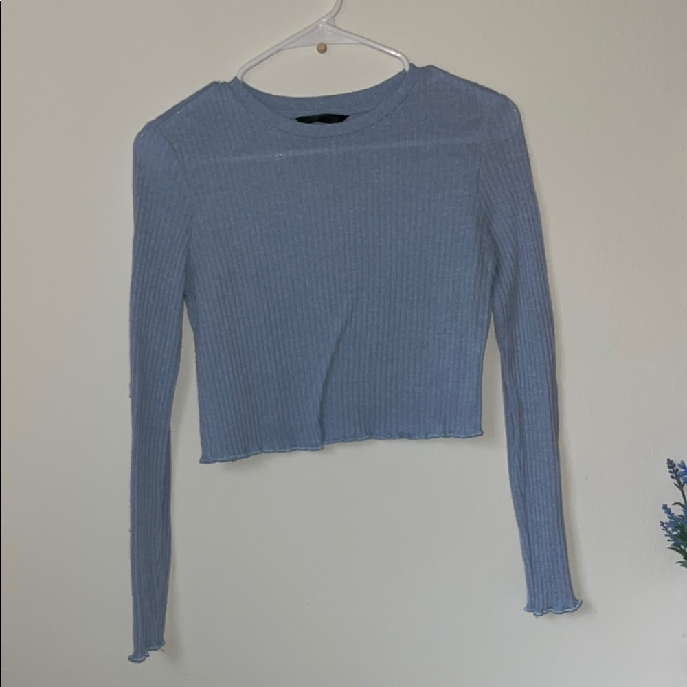 Women's Blue Ribbed Long Sleeve Top